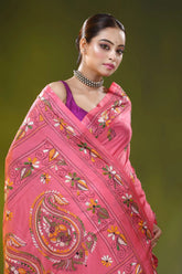 Hand embroidered blush pink silk kantha saree with paisley motif 2