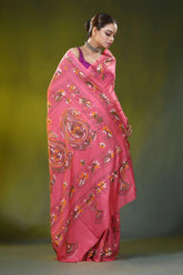 Hand embroidered blush pink silk kantha saree with paisley motif 5