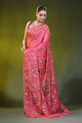 Hand embroidered blush pink silk kantha saree with paisley motif 4