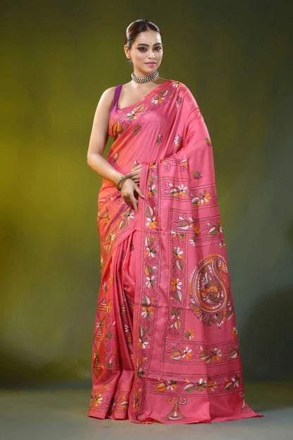Hand embroidered blush pink silk kantha saree with paisley motif 1