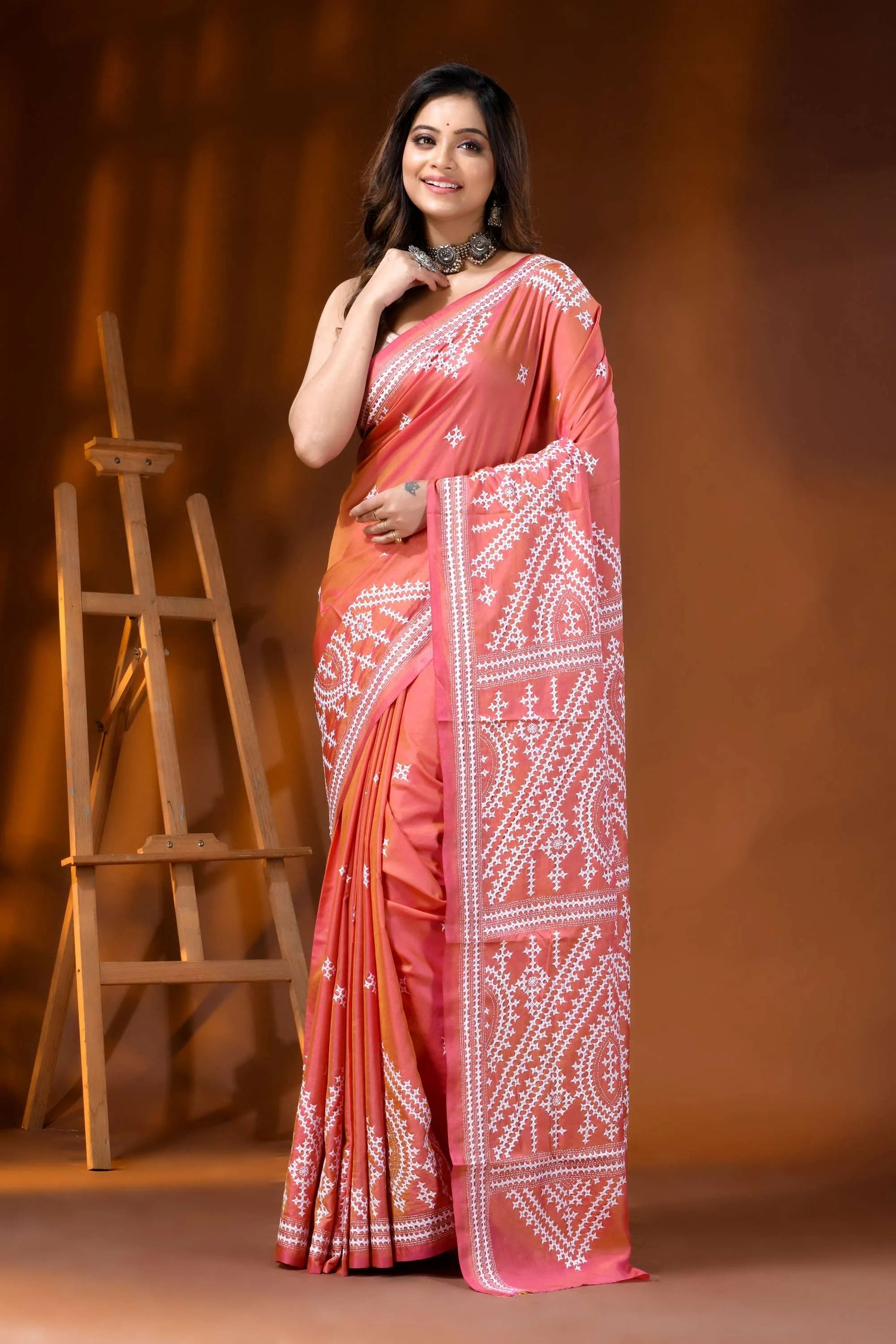 Hand embroidered coral pink ethnic silk gujarati stitch saree 6