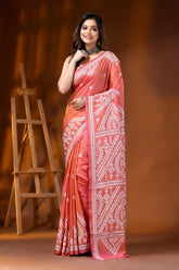 Hand embroidered coral pink ethnic silk gujarati stitch saree 6