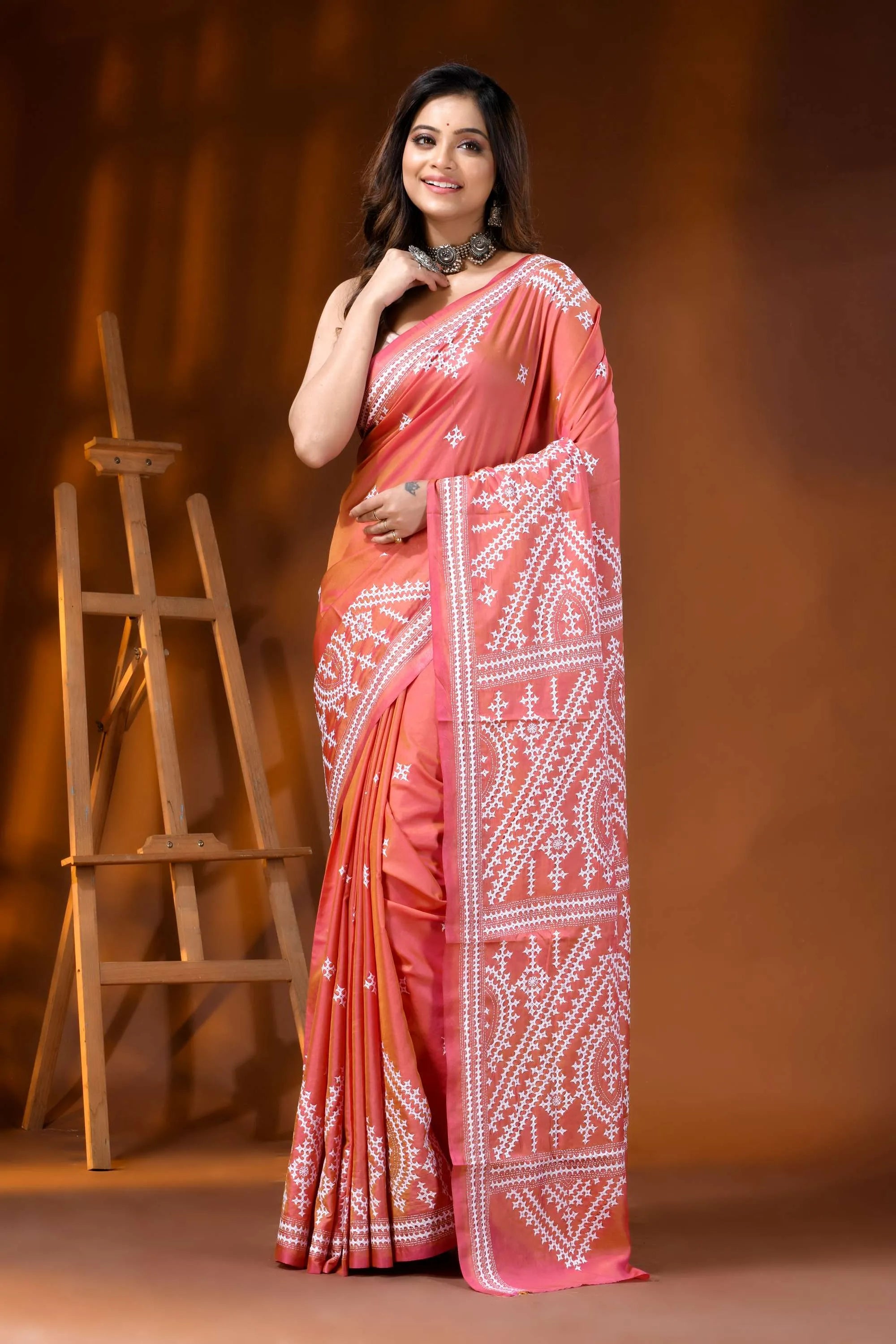 Hand embroidered coral pink ethnic silk gujarati stitch saree 6