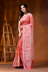 Hand embroidered coral pink ethnic silk gujarati stitch saree 3
