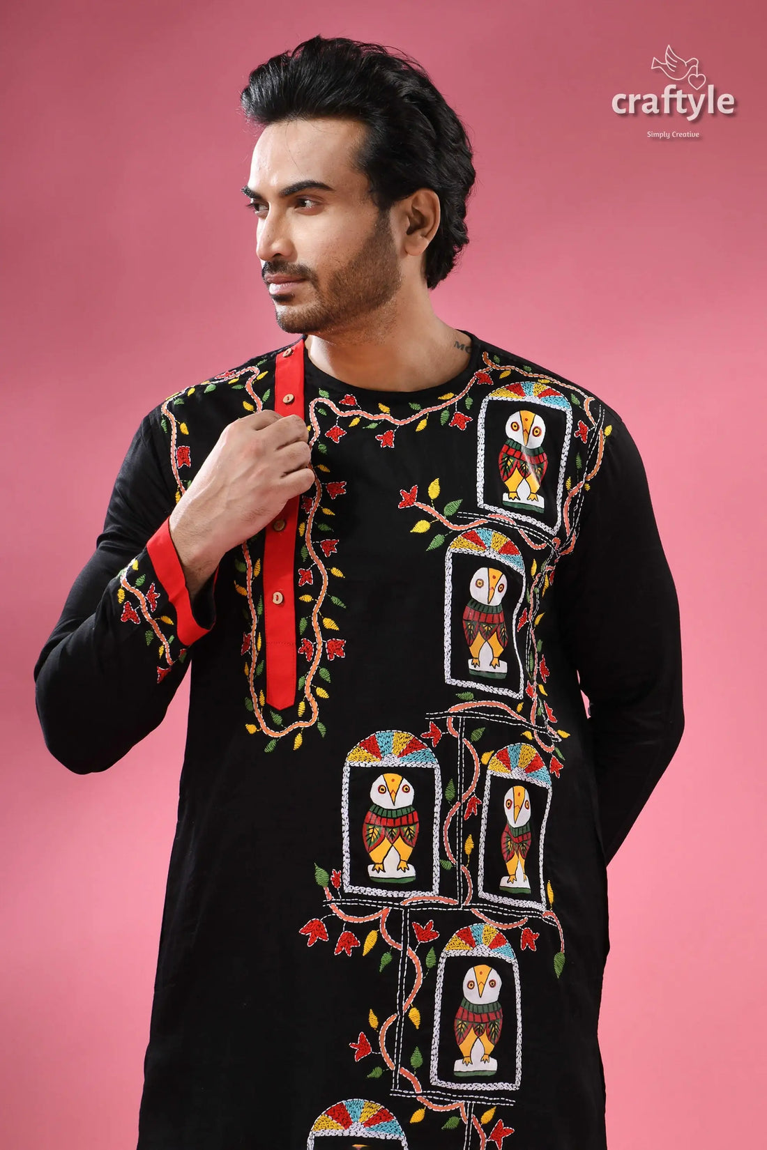 Hand embroidered cotton punjabi for men with original painting men’s black embroidered kurta owl 2