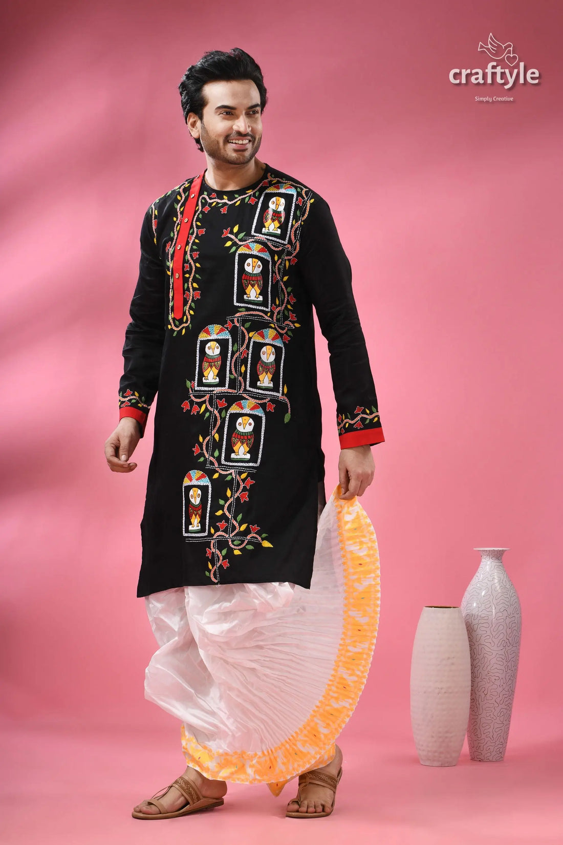 Hand embroidered cotton punjabi for men with original painting man black kurta colorful embroidery 1