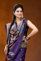 Hand embroidered dark purple floral motif kantha work silk saree vibrant purple saree intricate multicolored 2