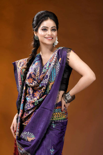 Hand embroidered dark purple floral motif kantha work silk saree vibrant purple saree intricate multicolored 2