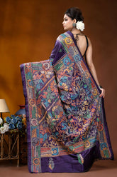 Hand embroidered dark purple floral motif kantha work silk saree vibrant purple silk saree adorned 4