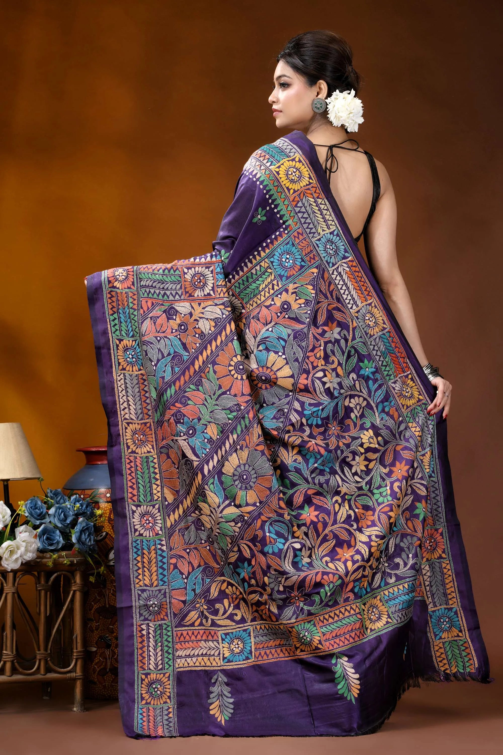 Hand embroidered dark purple floral motif kantha work silk saree vibrant purple silk saree adorned 4