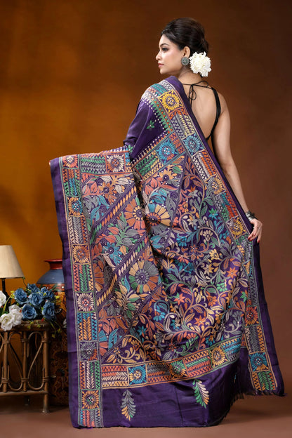 Hand embroidered dark purple floral motif kantha work silk saree vibrant purple silk saree adorned 4