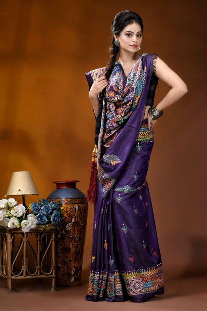 Hand embroidered dark purple floral motif kantha work silk saree rich purple silk saree adorned 5