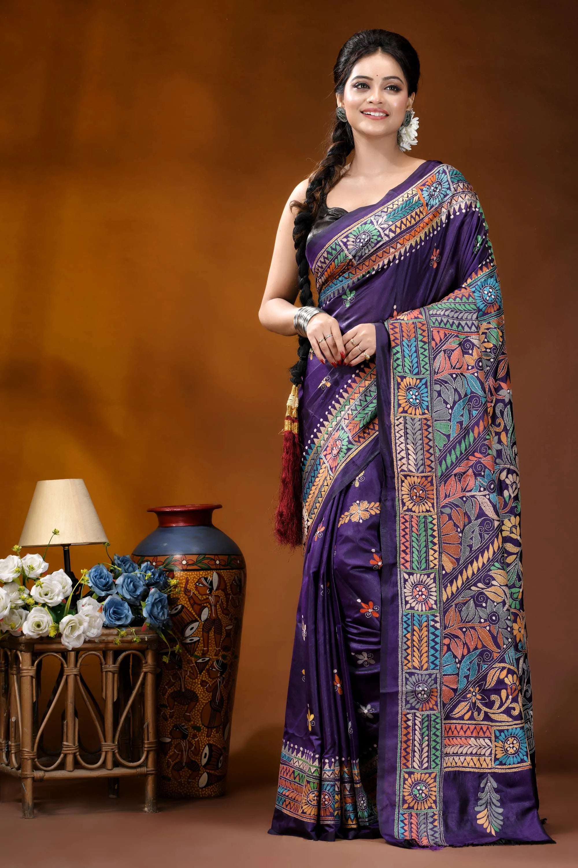 Hand embroidered dark purple floral motif kantha work silk saree vibrant purple silk saree adorned 6