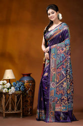 Hand embroidered dark purple floral motif kantha work silk saree richly embroidered purple saree intricate 3