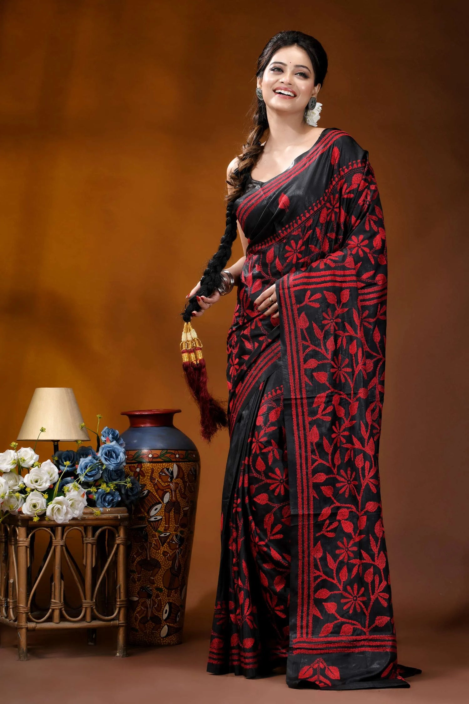 Hand embroidered ebony black silk kantha saree with red floral design black red floral-patterned saree intricate 6