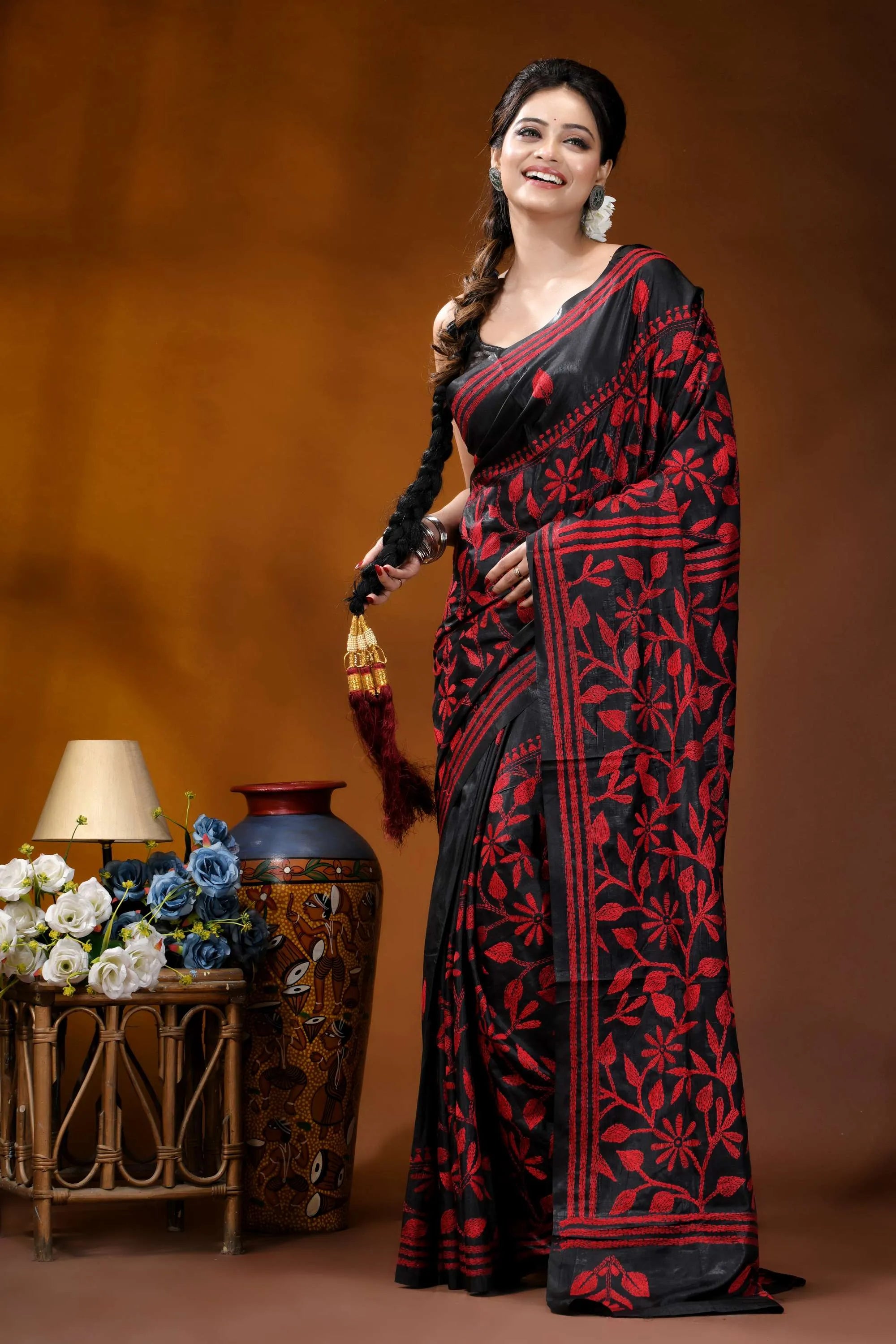 Hand embroidered ebony black silk kantha saree with red floral design black red floral-patterned saree intricate 6