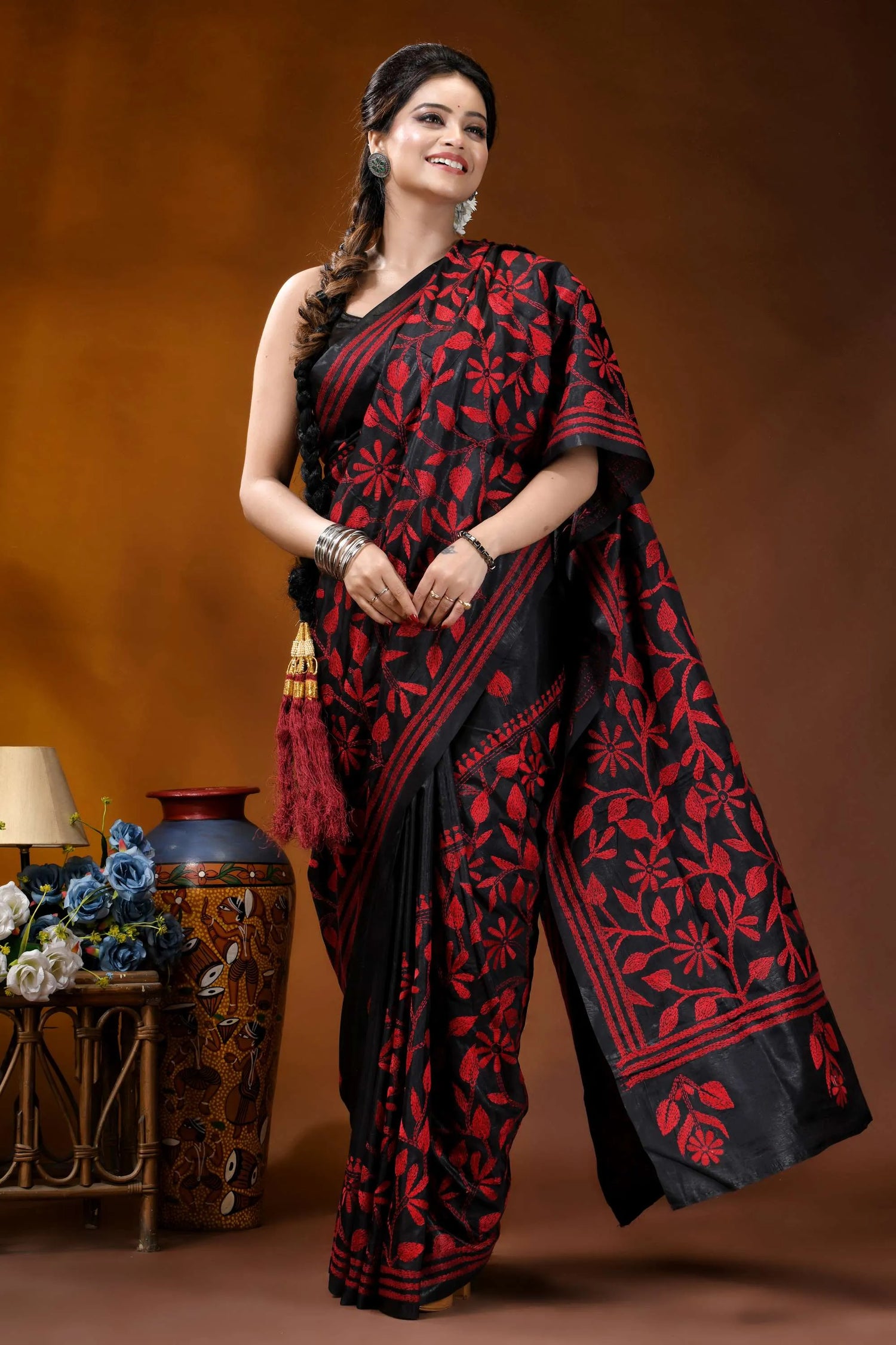 Hand embroidered ebony black silk kantha saree with red floral design black saree intricate red floral 4