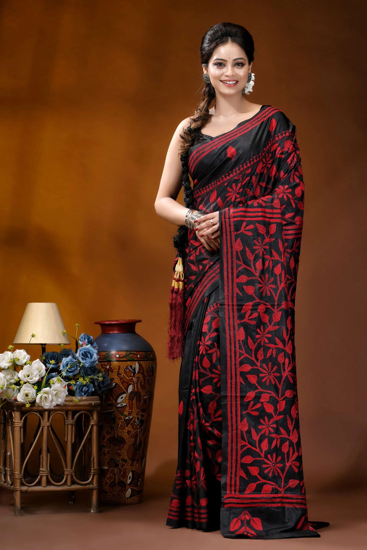 Hand embroidered ebony black silk kantha saree with red floral design black saree intricate red floral 1