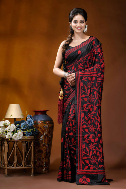 Hand embroidered ebony black silk kantha saree with red floral design black saree intricate red floral 1