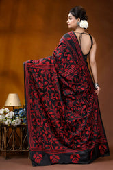Hand embroidered ebony black silk kantha saree with red floral design black red floral-patterned silk saree 5