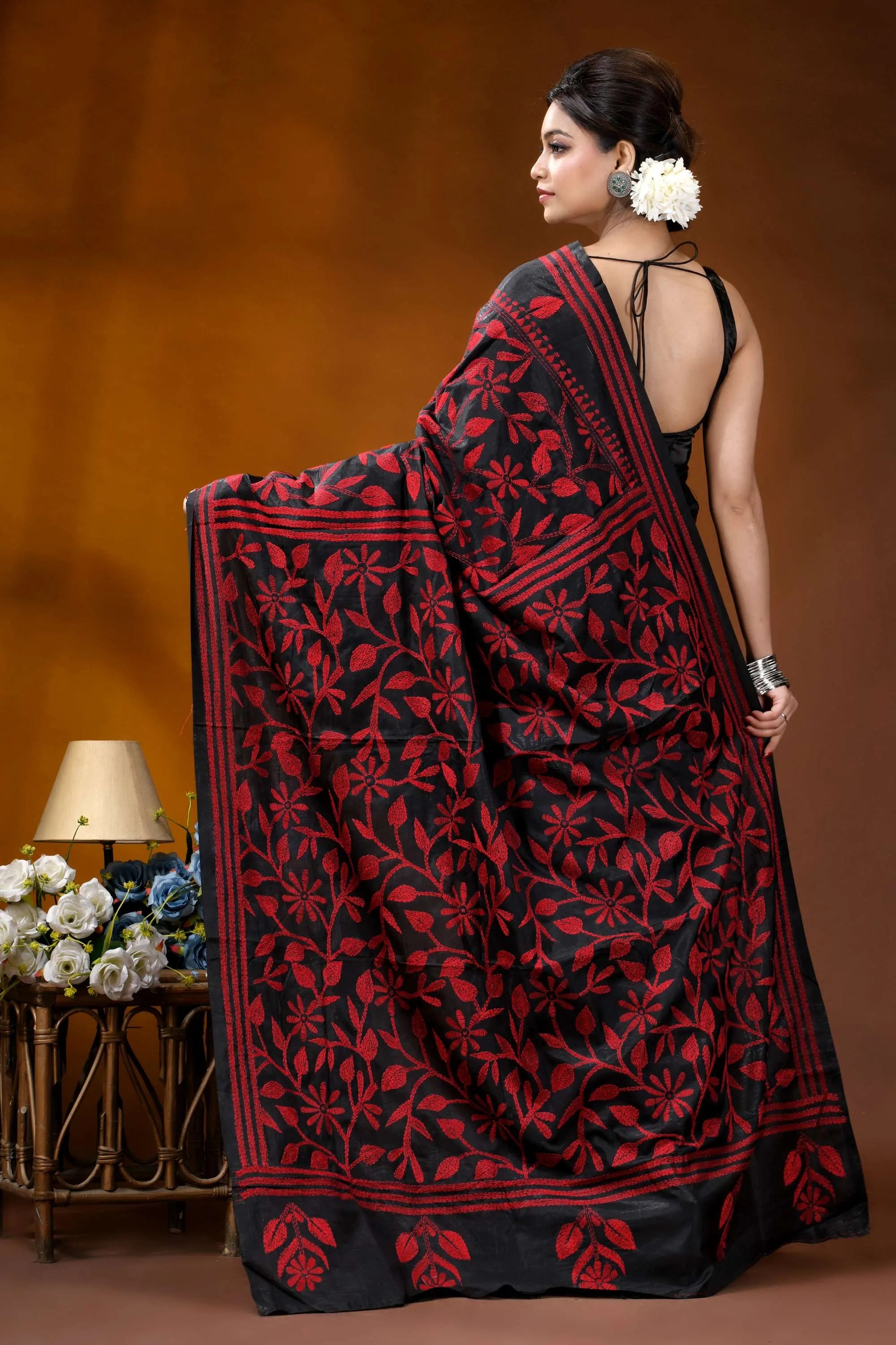 Hand embroidered ebony black silk kantha saree with red floral design black red floral-patterned silk saree 5