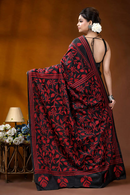 Hand embroidered ebony black silk kantha saree with red floral design black red floral-patterned silk saree 5