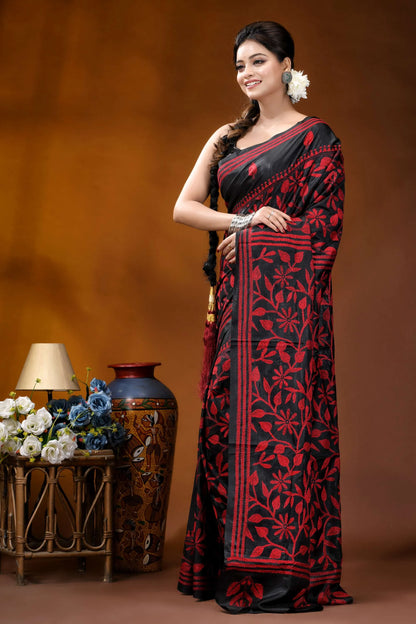 Hand embroidered ebony black silk kantha saree with red floral design black red floral-patterned silk saree 3
