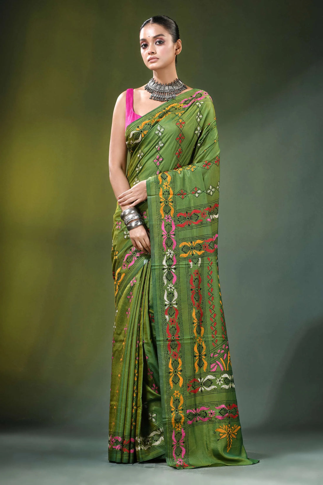 Hand embroidered ethnic theme kantha work silk saree in green vibrant olive 1