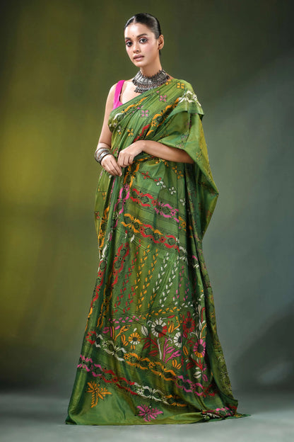 Hand embroidered ethnic theme kantha work silk saree in green vibrant adorned 4