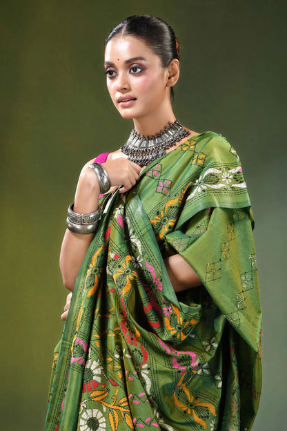 Hand embroidered ethnic theme kantha work silk saree in green vibrant intricate floral 2