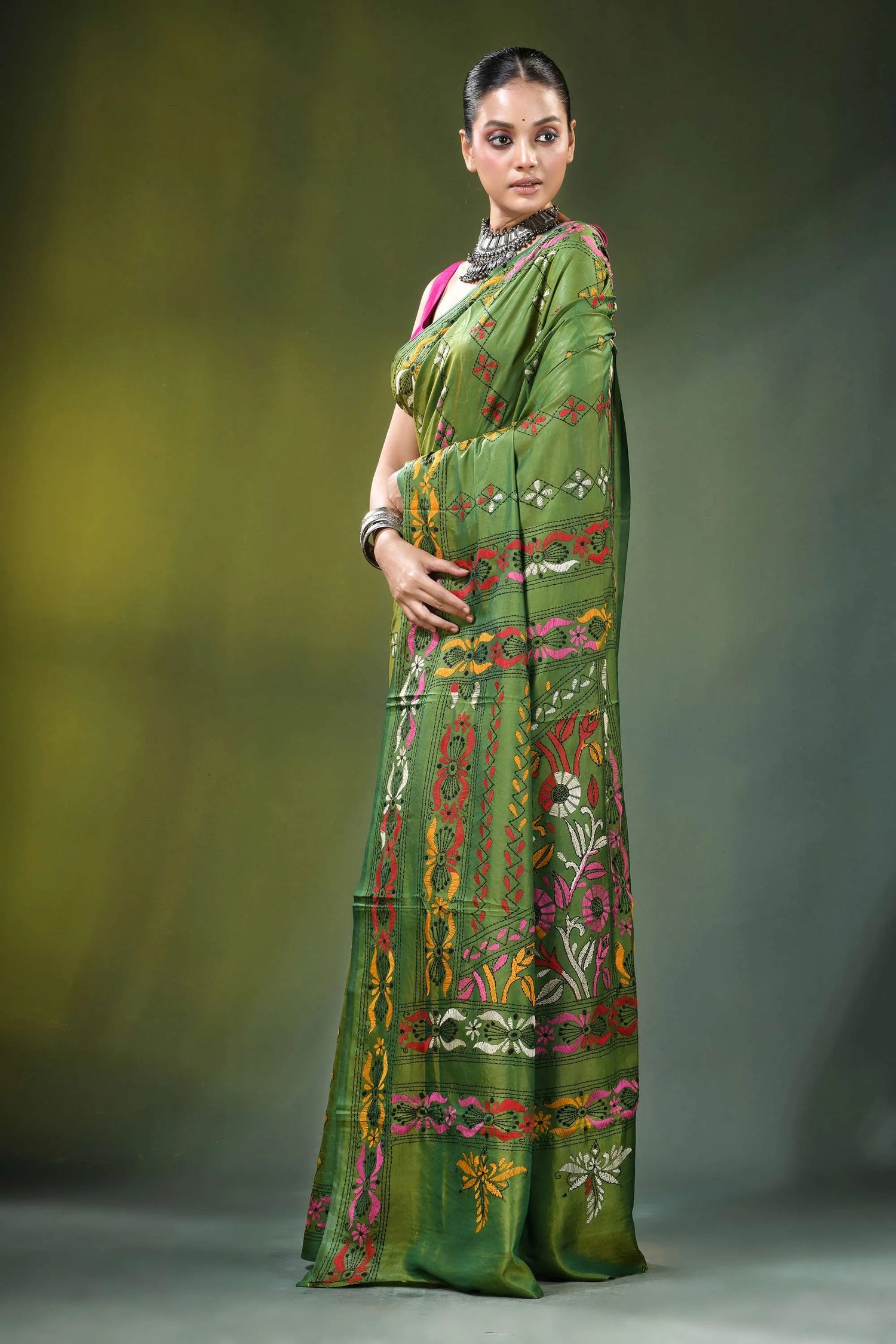 Hand embroidered ethnic theme kantha work silk saree in green vibrant adorned 3