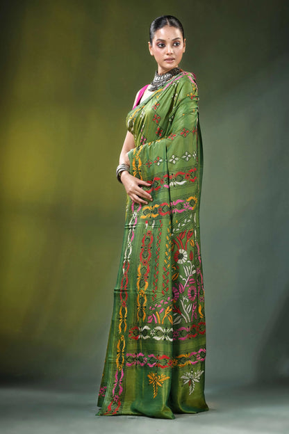 Hand embroidered ethnic theme kantha work silk saree in green vibrant adorned 3