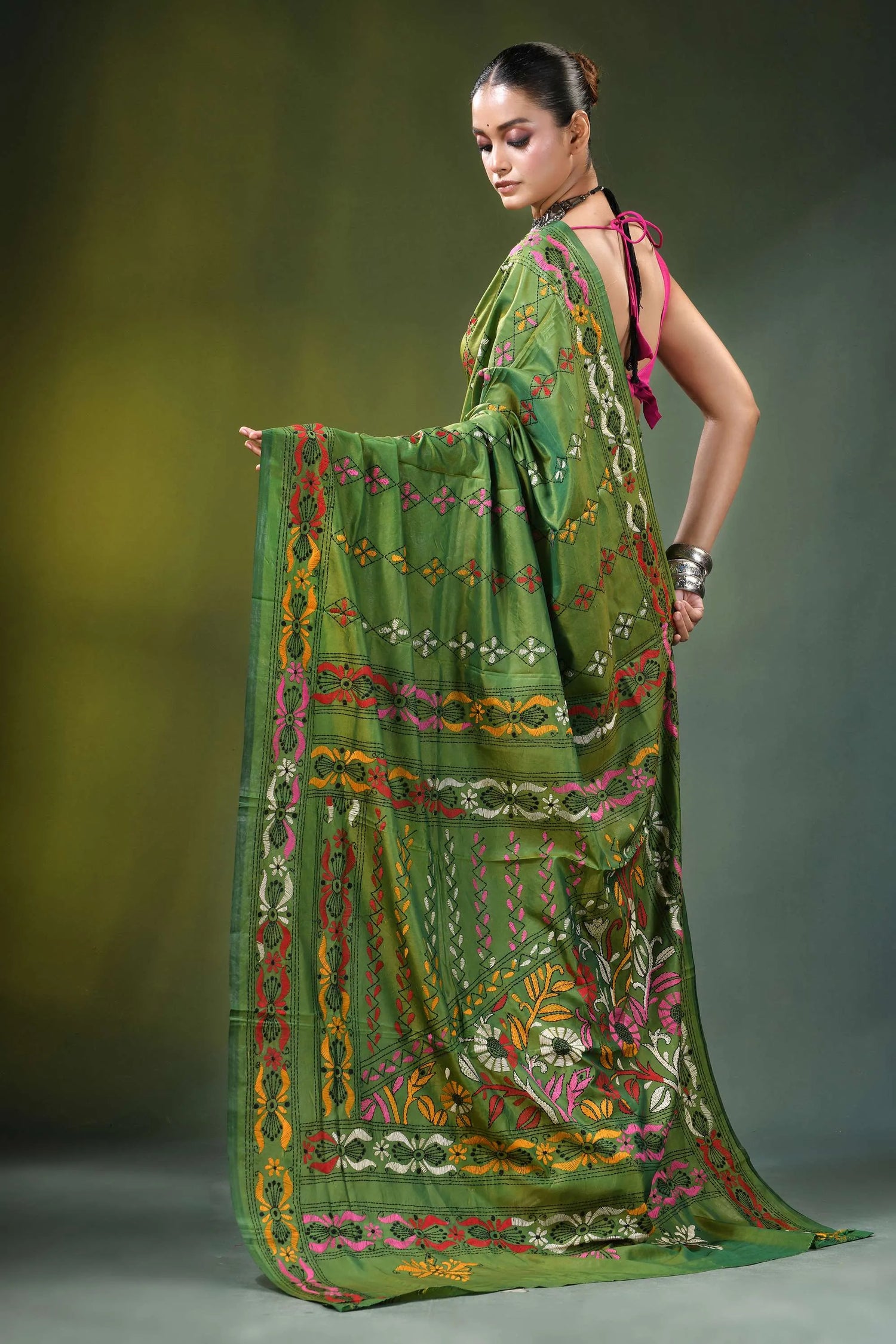 Hand embroidered ethnic theme kantha work silk saree in green vibrant adorned intricate 5