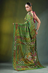 Hand embroidered ethnic theme kantha work silk saree in green vibrant adorned intricate 5