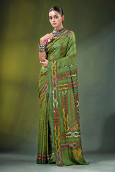 Hand embroidered ethnic theme kantha work silk saree in green vibrant olive 6