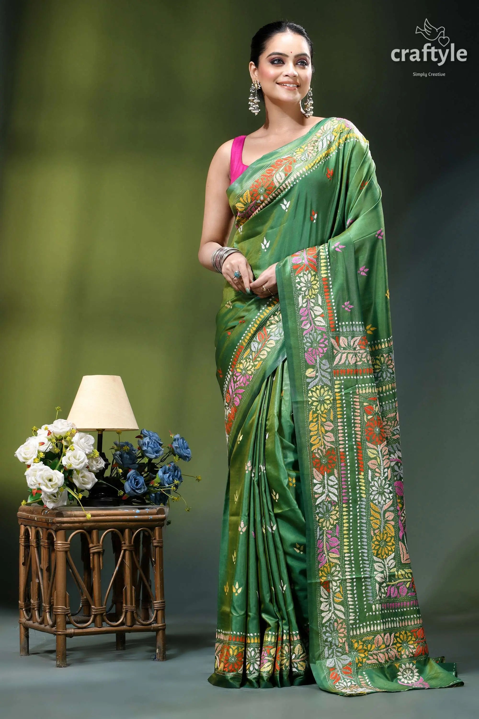 Hand embroidered floral design may green heritage silk kantha saree vibrant green silk saree adorned 6