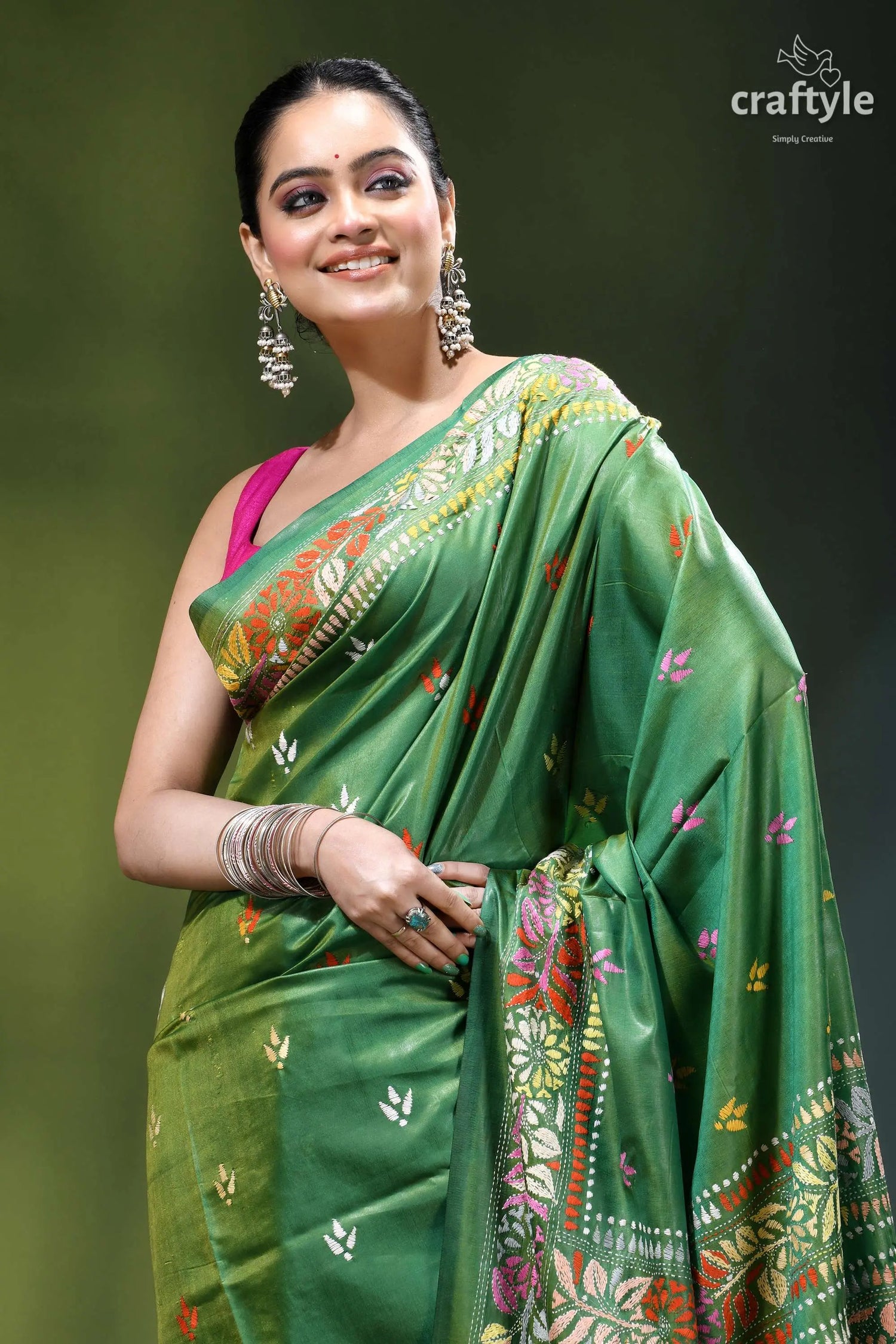 Hand embroidered floral design may green heritage silk kantha saree vibrant green silk saree adorned 2