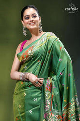 Hand embroidered floral design may green heritage silk kantha saree vibrant green silk saree adorned 2