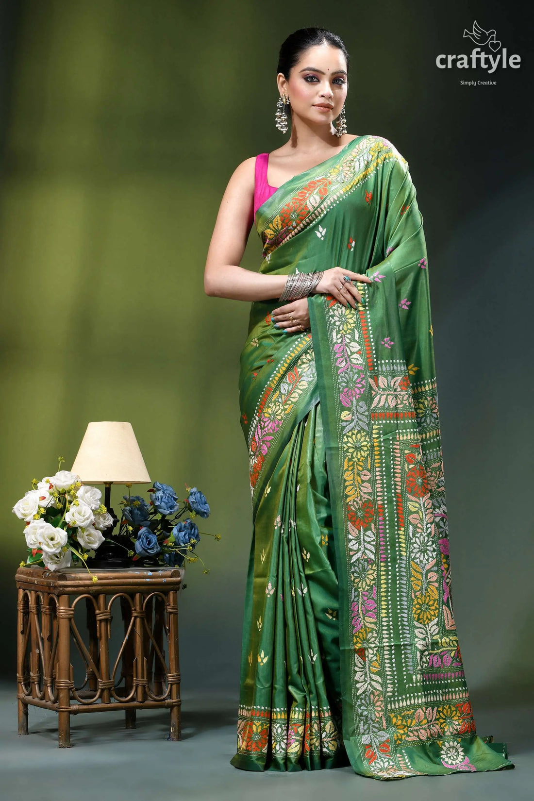 Hand embroidered floral design may green heritage silk kantha saree vibrant green silk saree adorned 1