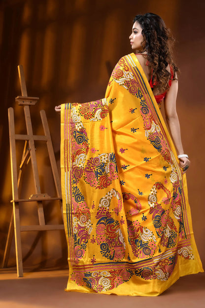 Hand embroidered floral design yellow silk kantha saree 5