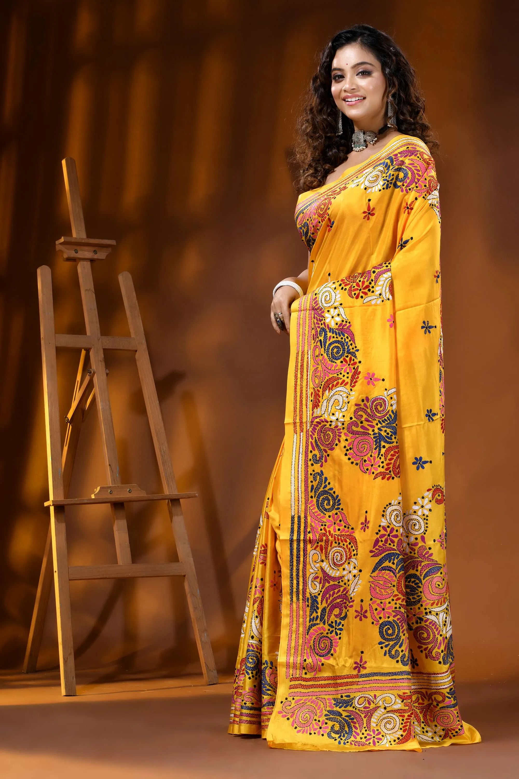 Hand embroidered floral design yellow silk kantha saree 3