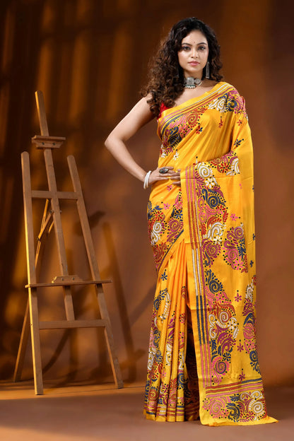 Hand embroidered floral design yellow silk kantha saree 1