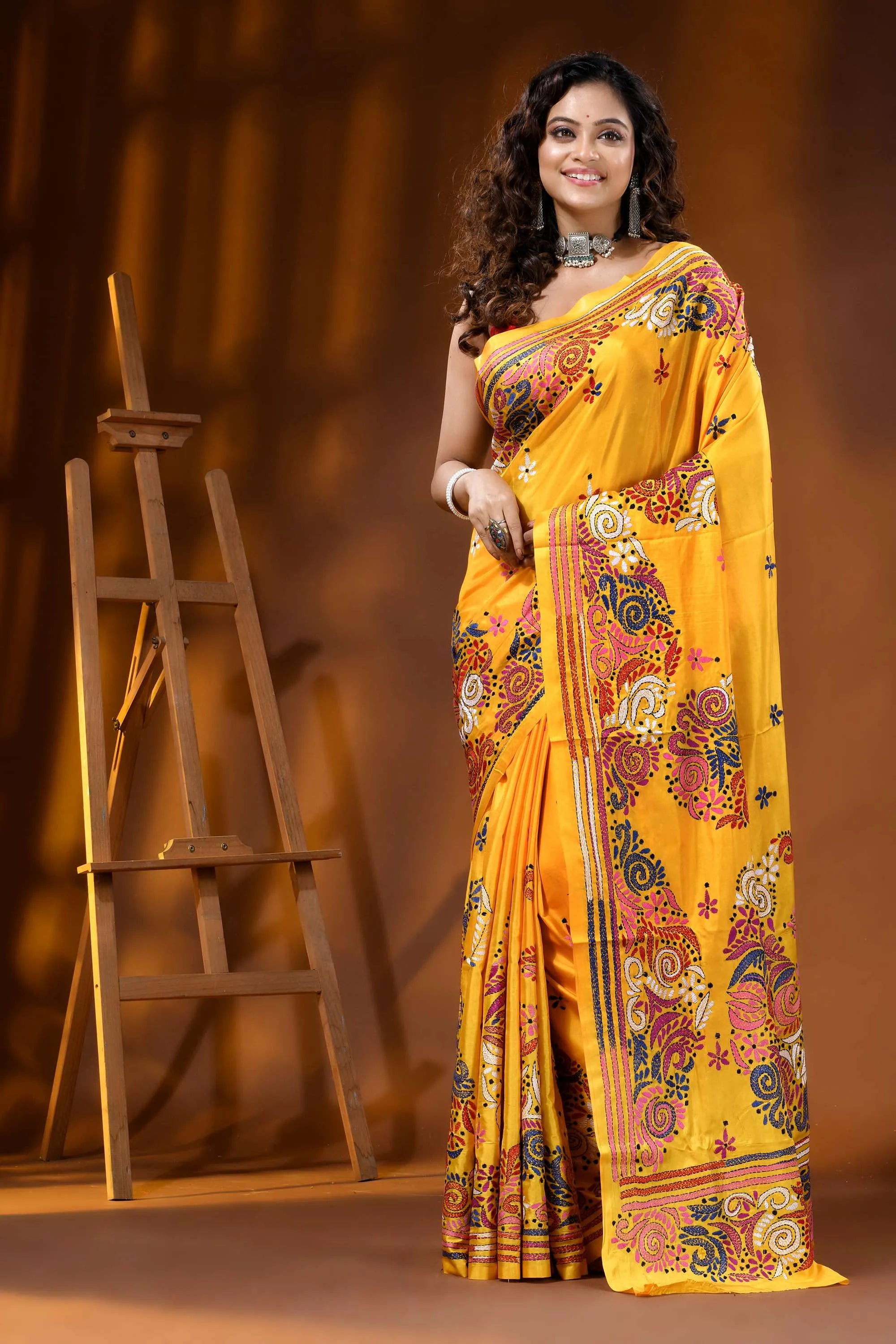 Hand embroidered floral design yellow silk kantha saree 7