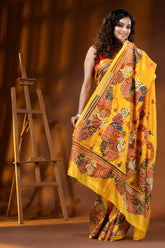 Hand embroidered floral design yellow silk kantha saree 6