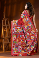 Hand embroidered floral motif brick red kantha work silk saree 5