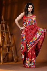Hand embroidered floral motif brick red kantha work silk saree 4