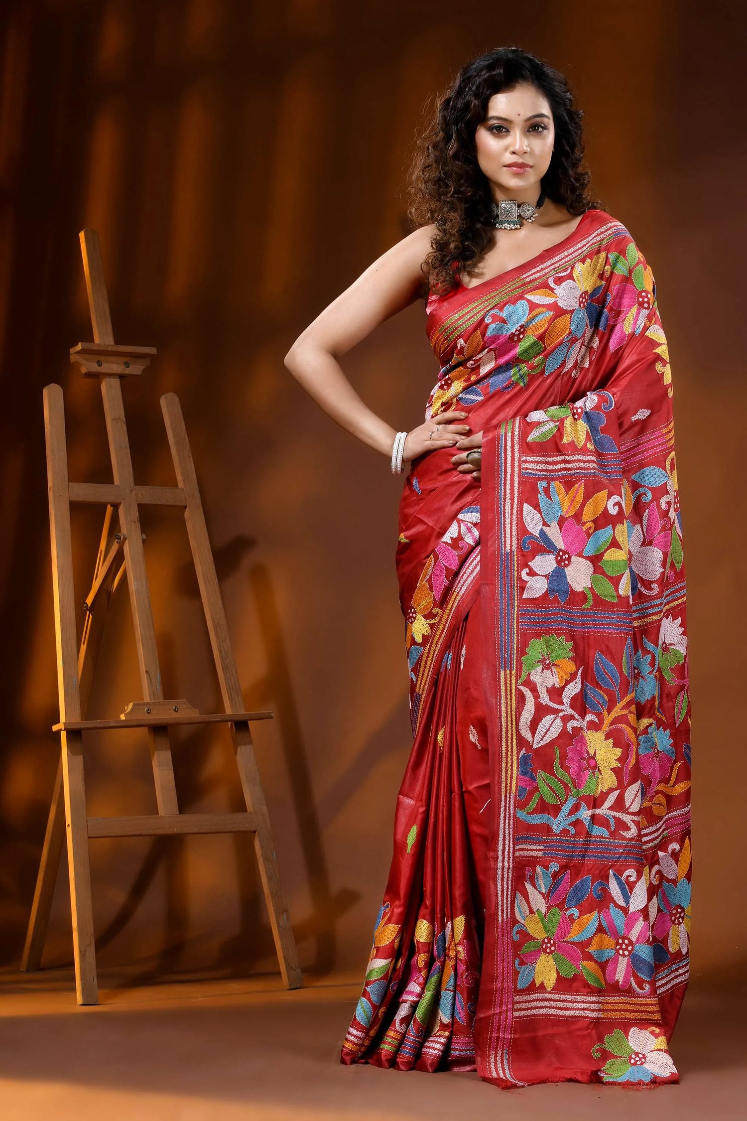 Hand embroidered floral motif brick red kantha work silk saree 1