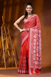 Hand embroidered floral motif red kantha stitch silk saree 6