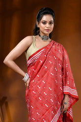 Hand embroidered floral motif red kantha stitch silk saree 2