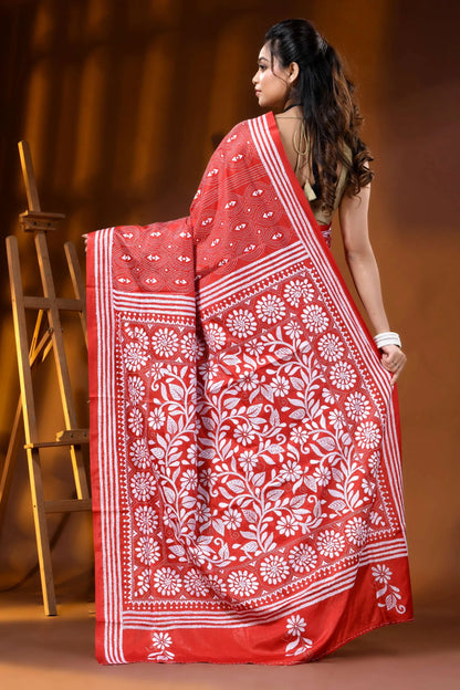 Hand embroidered floral motif red kantha stitch silk saree 5